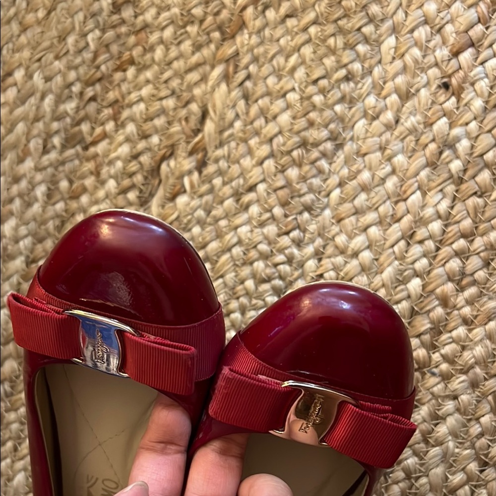 Salvatore Ferragamo Dark Red Flats with Gold Bow - Picture 6 of 7